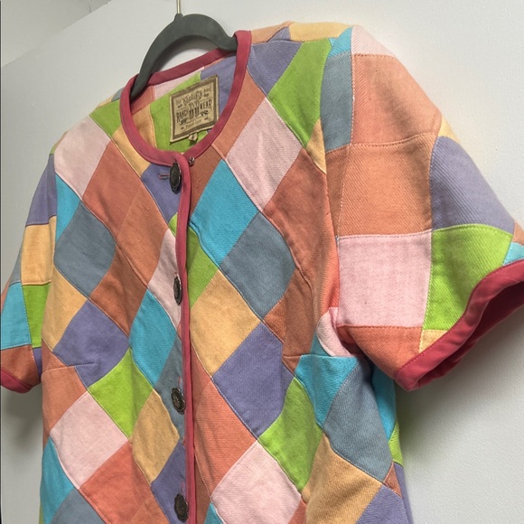 Double D Ranch Multicolor Pastel Patchwork Short Sleeve Conch Button Jacket LRG - Picture 4 of 6